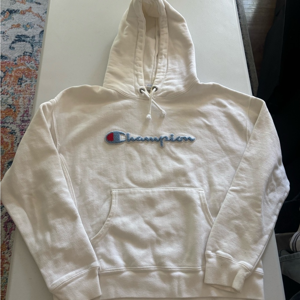 Champion Reverse Weave White Hoodie with Logo